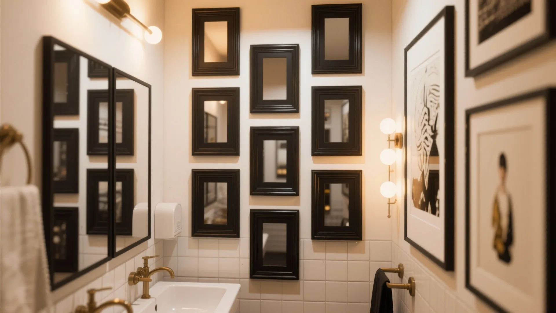 Staggered small black frame mirrors arranged as an artful gallery wall in a powder room