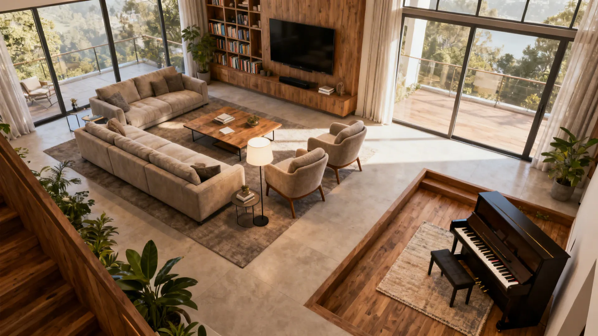 Spacious living room with three conversation zones: main seating, reading lounge, and piano nook.