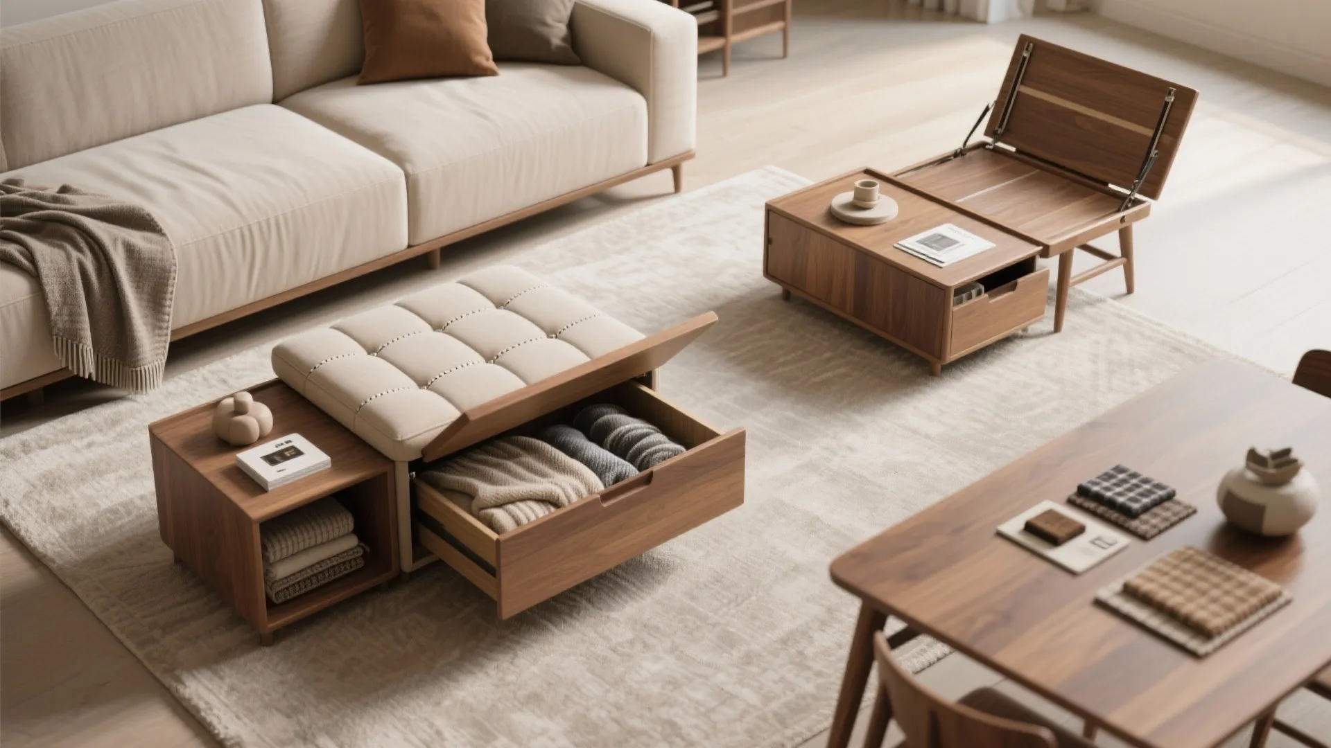 3. Use multipurpose pieces — ottomans, nesting tables, and fold-outs