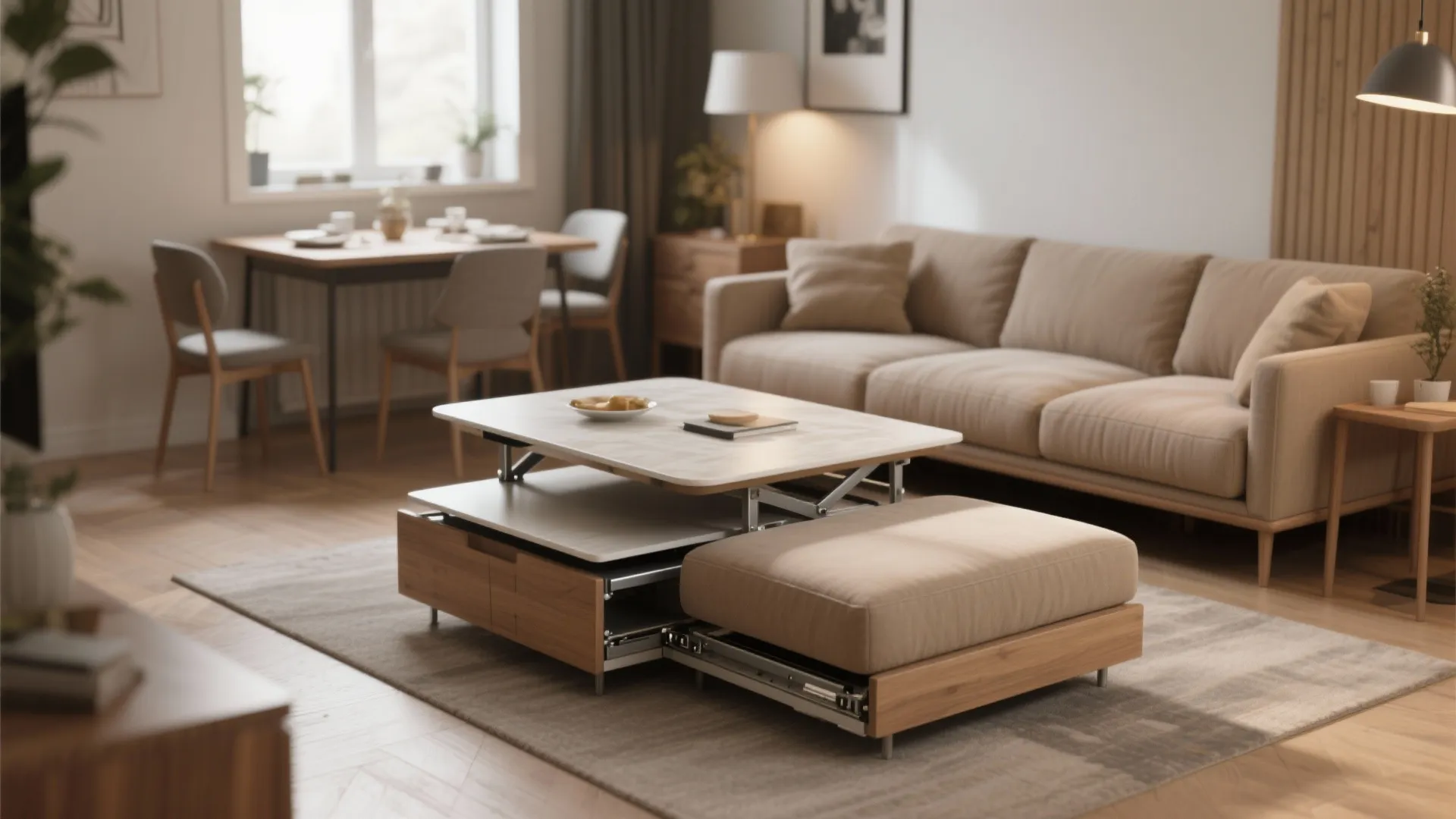 Modern living room with multifunctional coffee table, beige sofa, wooden dining set, and warm interior lighting