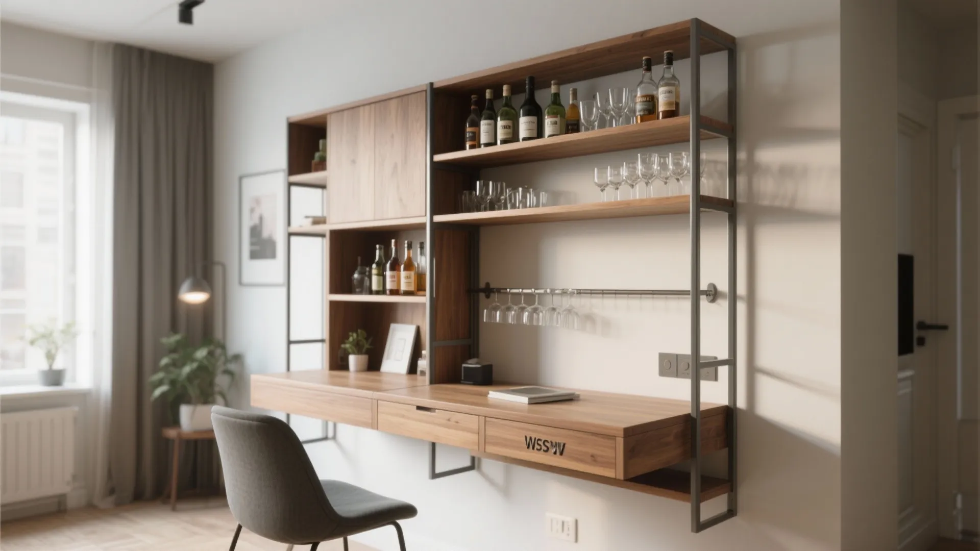 Modern wood wall desk with shelves holding glass bottles and glasses next to grey chair