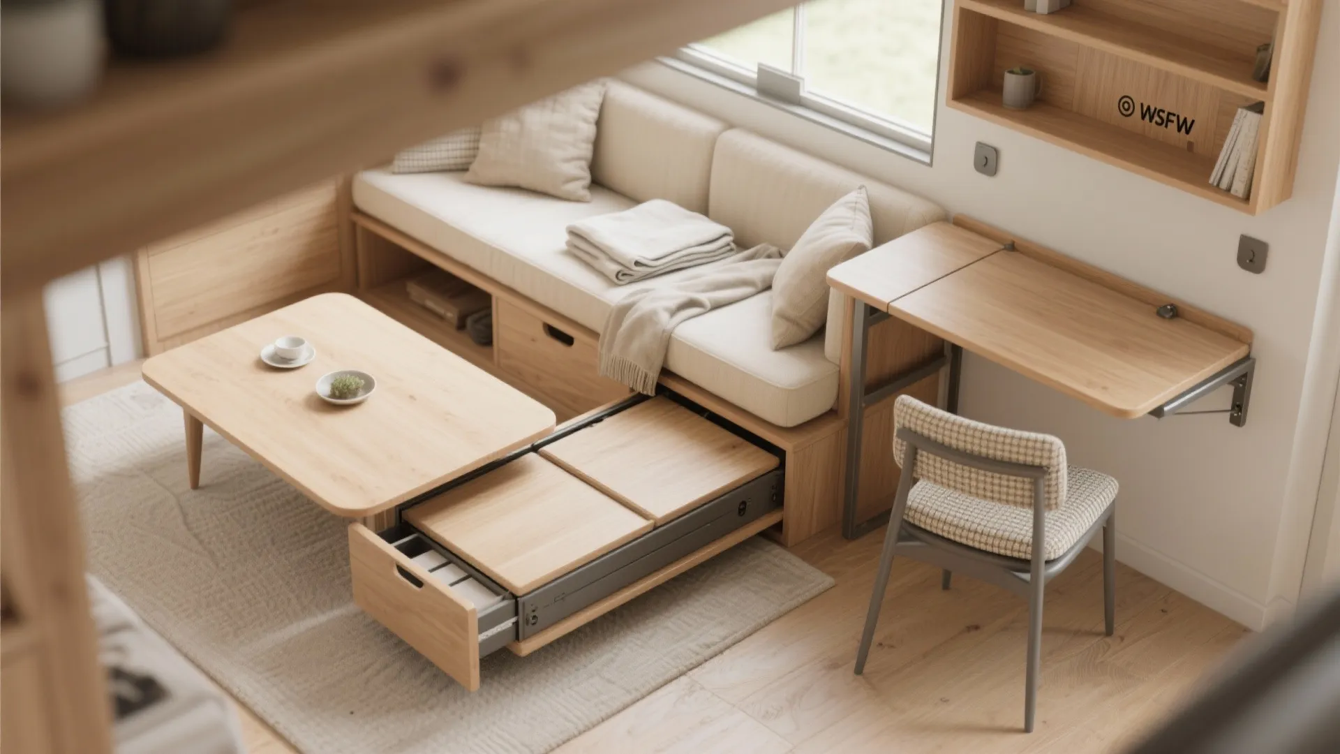 Multifunctional wooden furniture with sofa bed, pull out table, folding desk, and wall storage shelves
