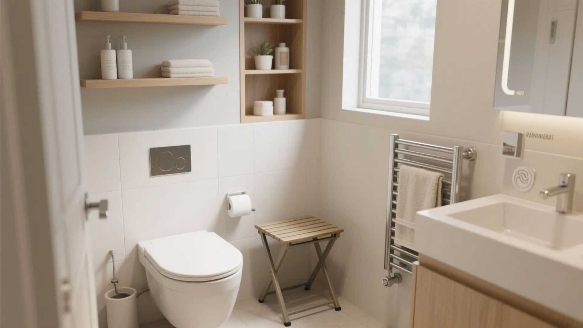 Modern white bathroom featuring wall shelves with soap bottles towels a toilet and wooden stool