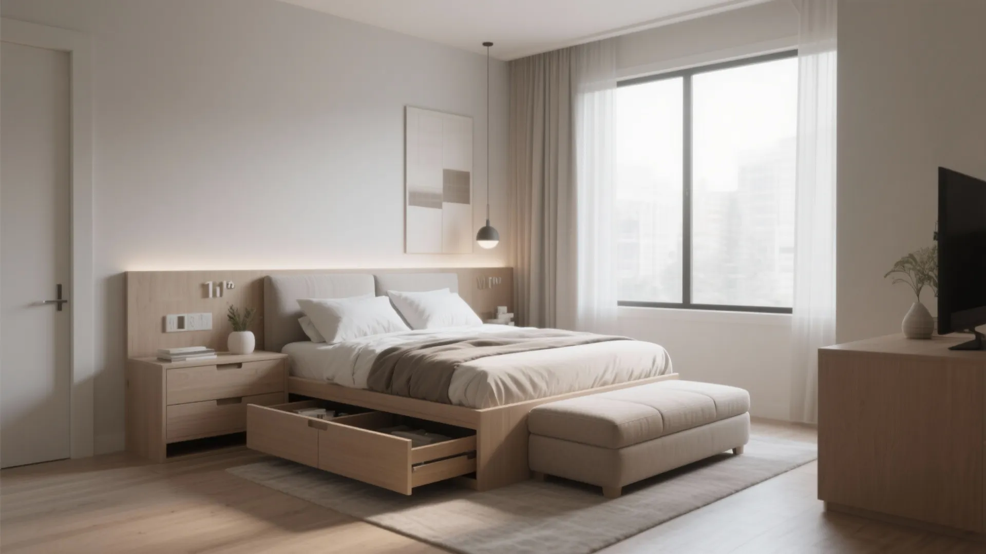 Modern wood bed with storage drawers open showing organized space in a bright minimal bedroom