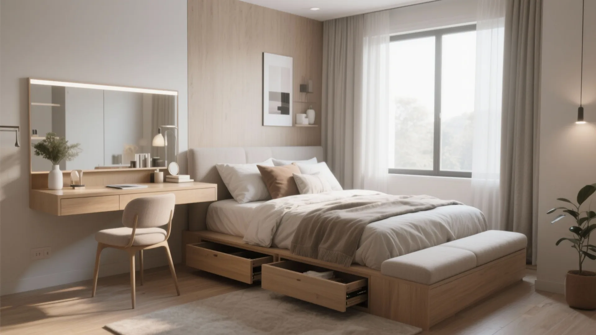 Wooden bed with storage drawers underneath next to a vanity table and a simple chair