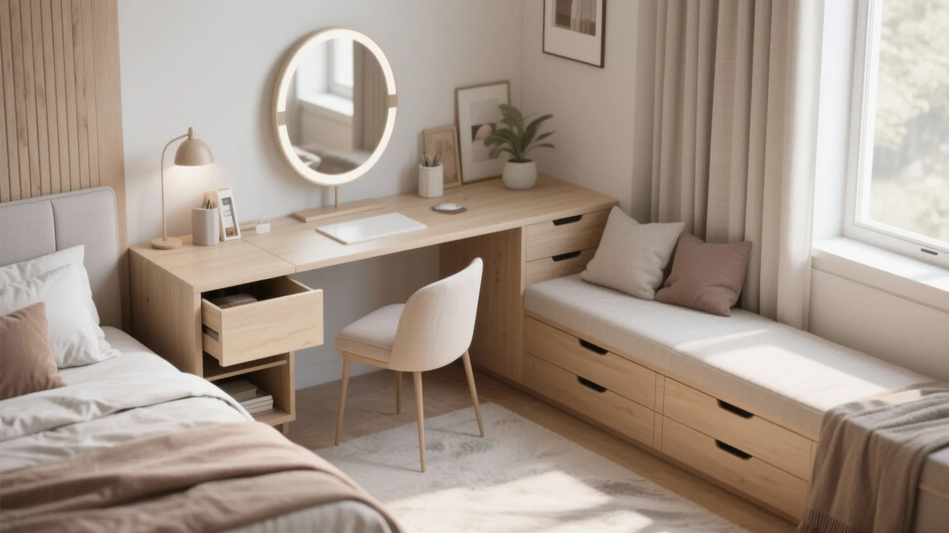 Wooden desk with round mirror and white chair next to window seat in modern bedroom