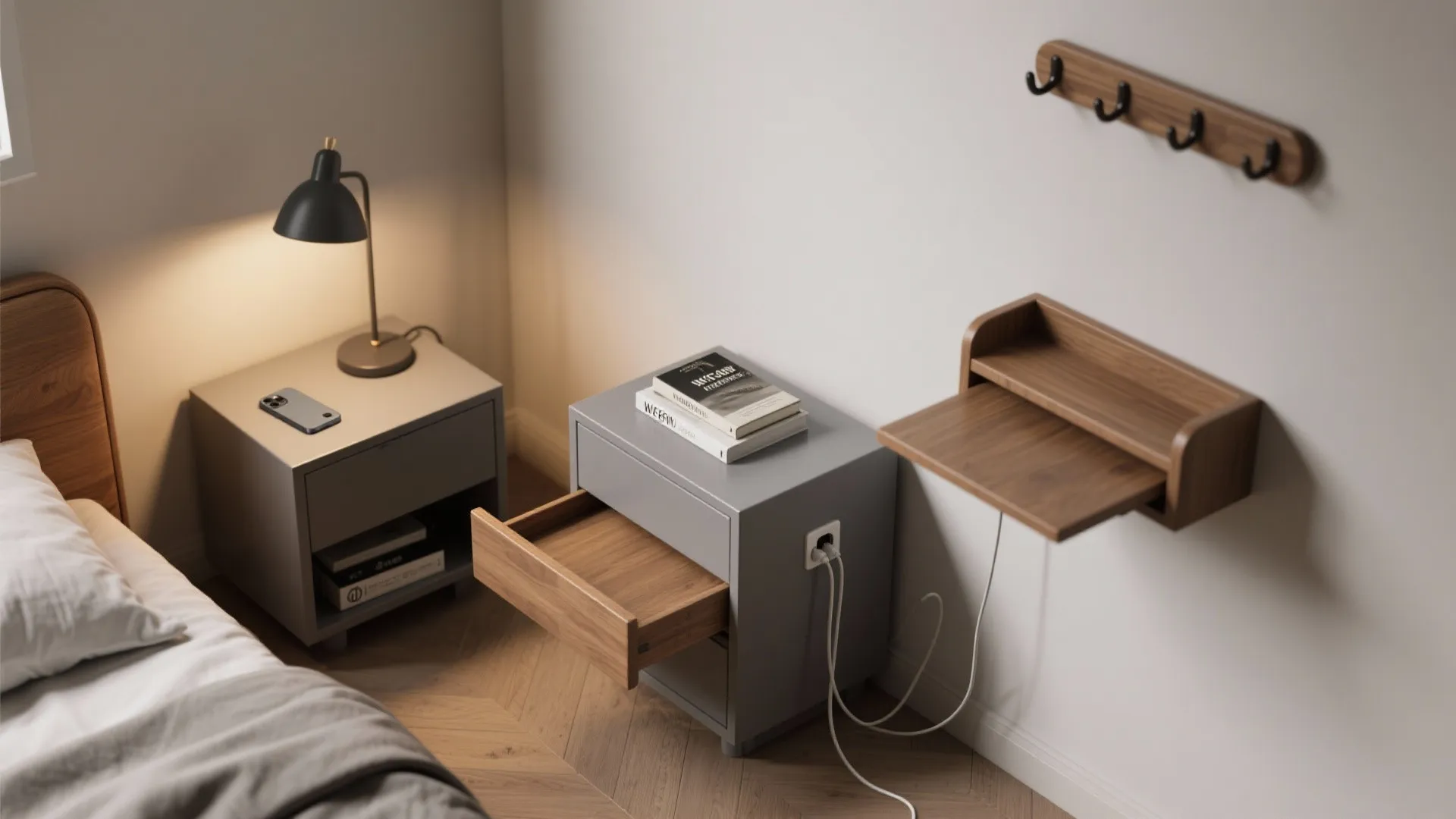 Three slim multipurpose bedside table options in grey finishes shown in a styled layout