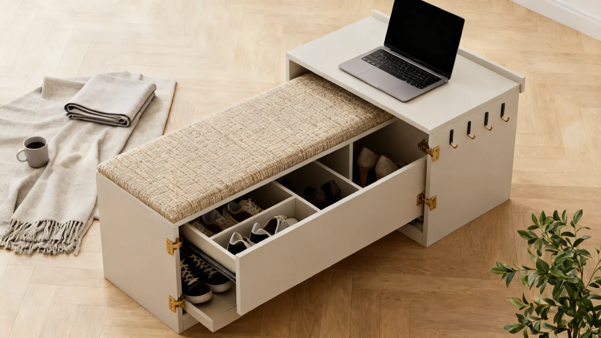 Hinged bench with internal shoe storage and slim desk surface for laptop use.
