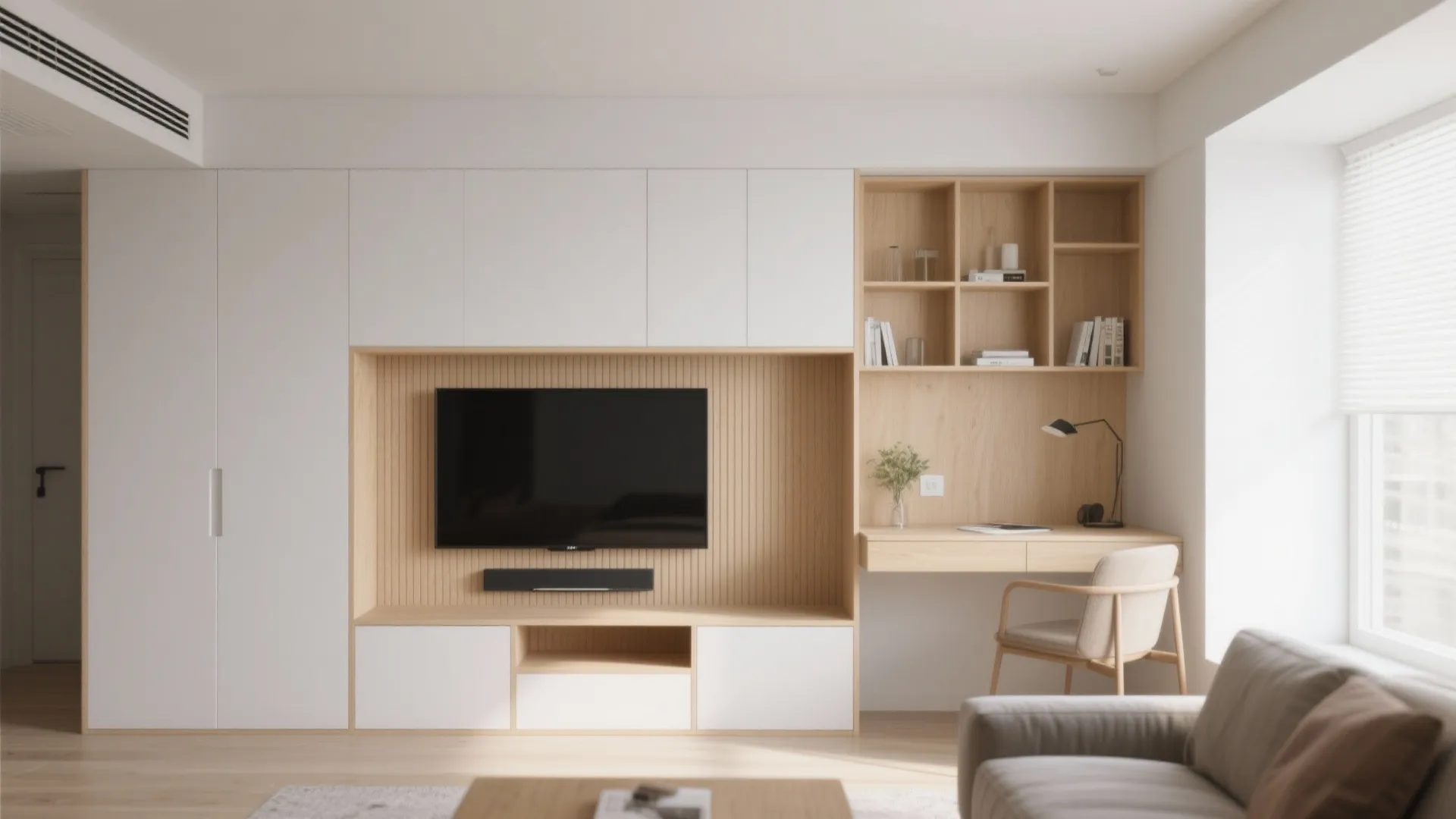 Modern white and wood wall cabinet with television storage and integrated desk for a home office