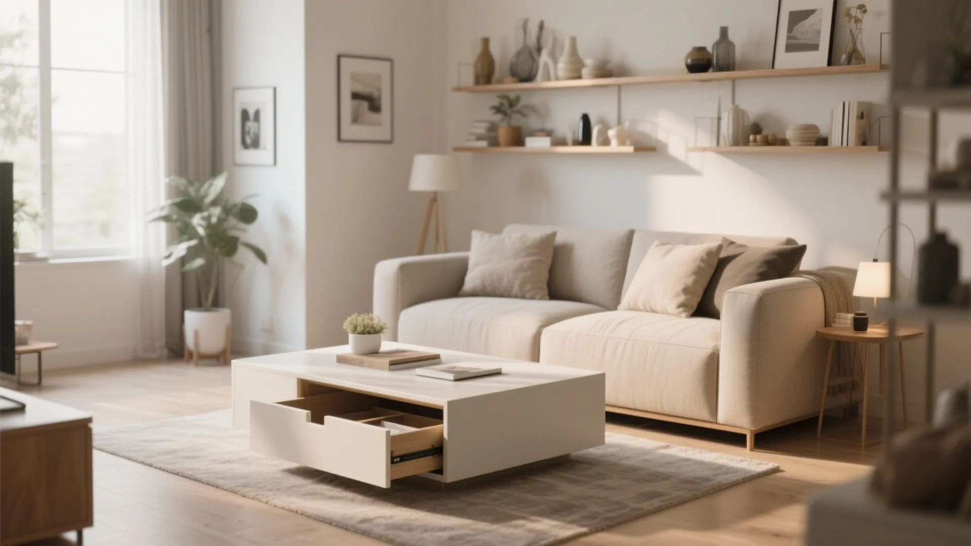 Modern living room with beige sofa white coffee table with open drawer and wall mounted shelves