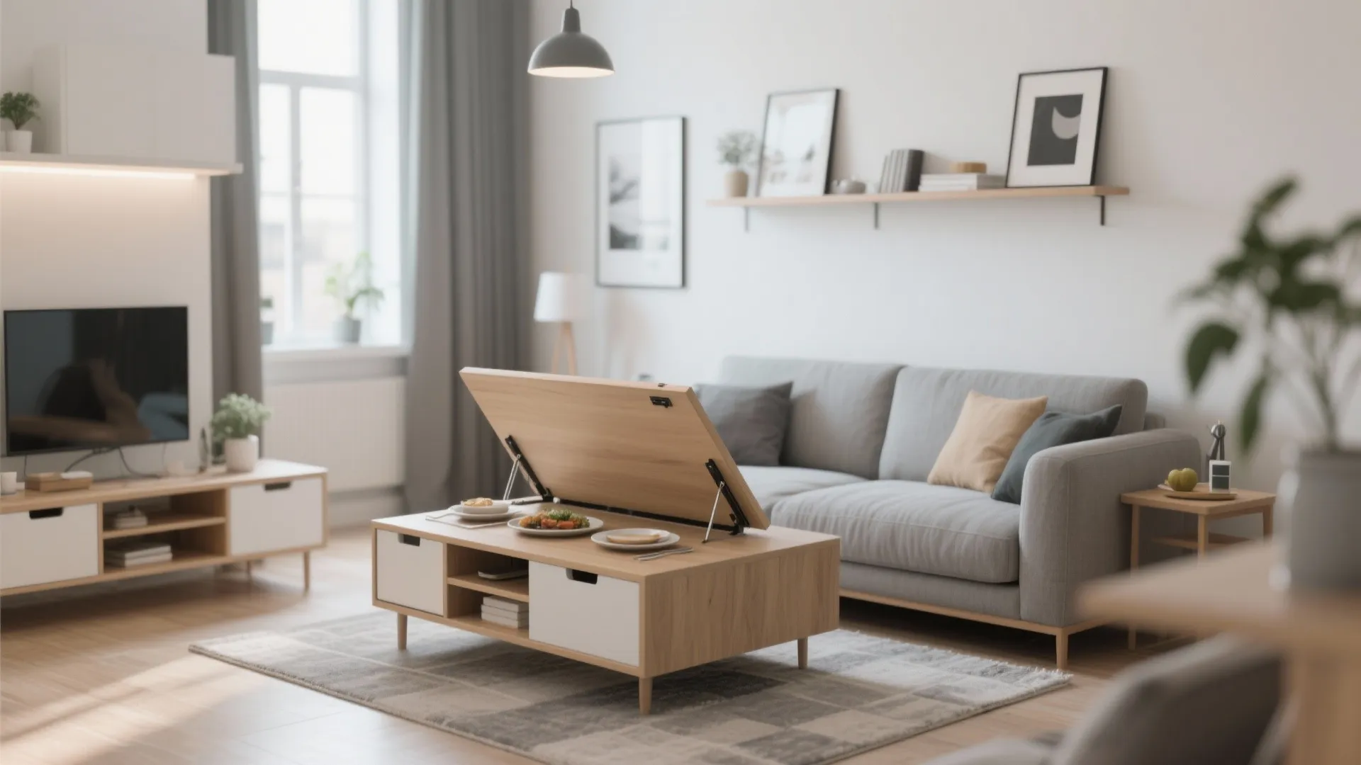 Functional wooden coffee table with a lift top surface used for dining in small living room