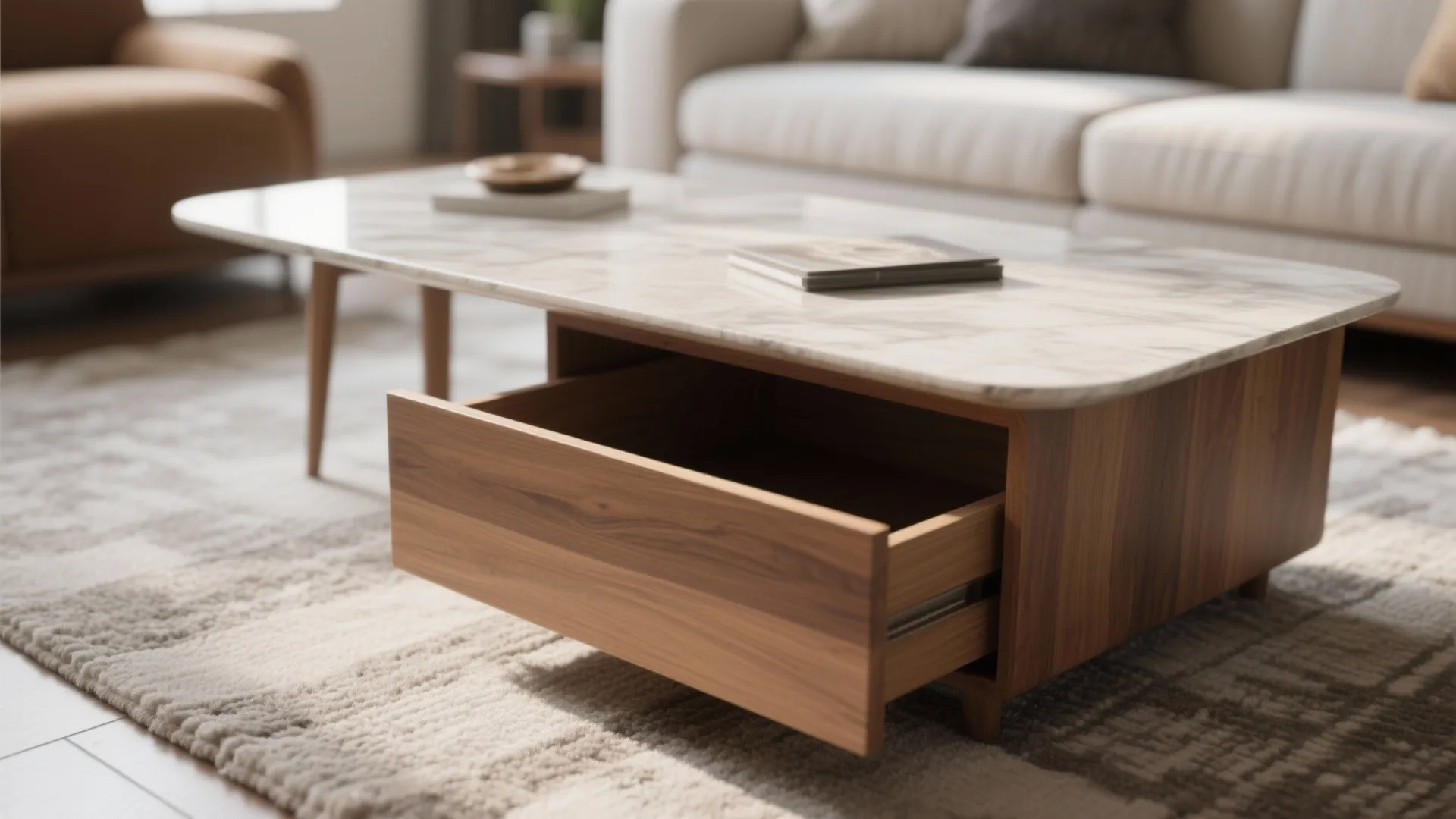 Marble top coffee table with open wooden drawer showing storage space in a living room