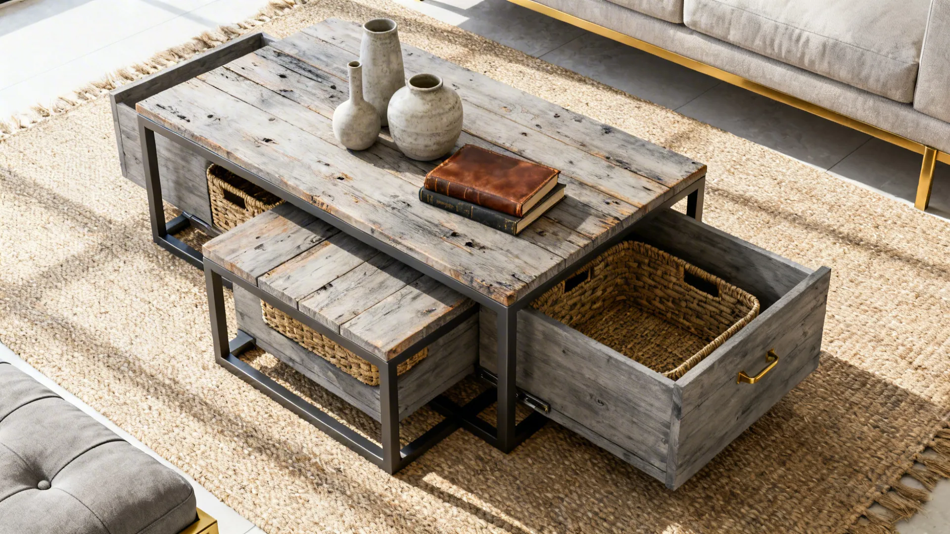 Multipurpose nesting coffee table with storage shown top-down on a rug in a small living room