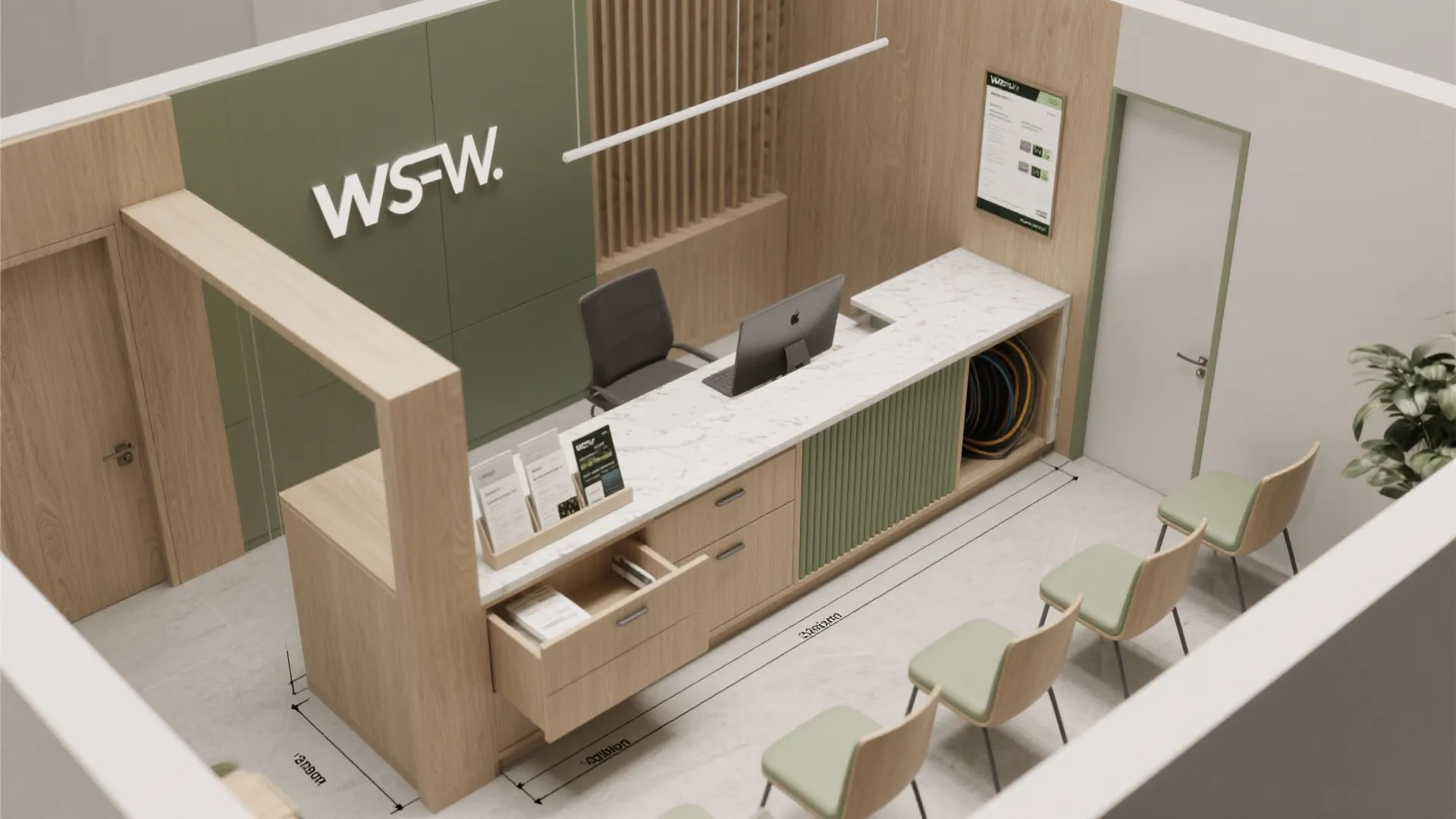 Interior design drawing of a reception area with wooden desk green wall and waiting chairs