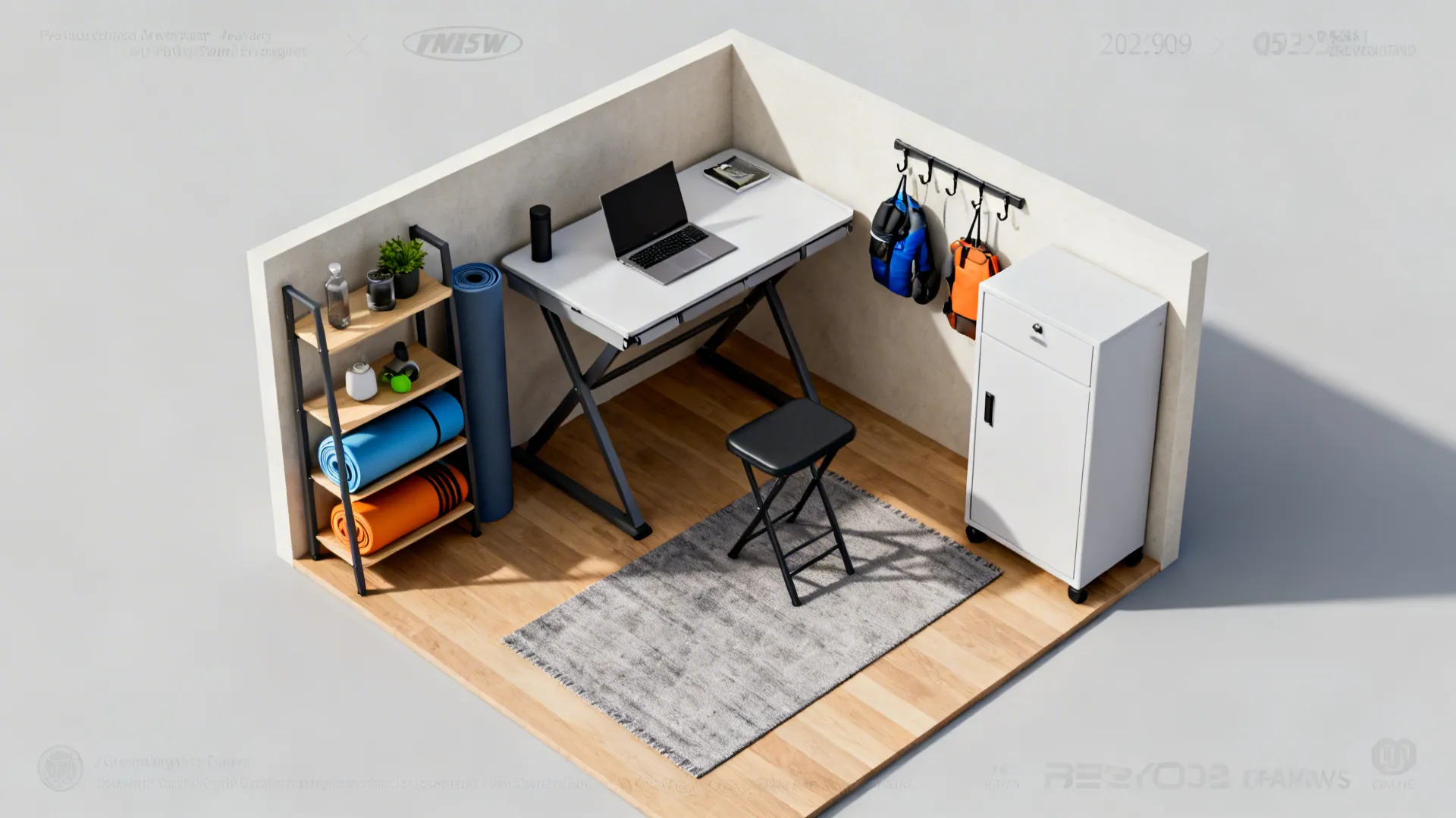 Top-down view of a multipurpose corner with foldaway desk, storage and workout mat.