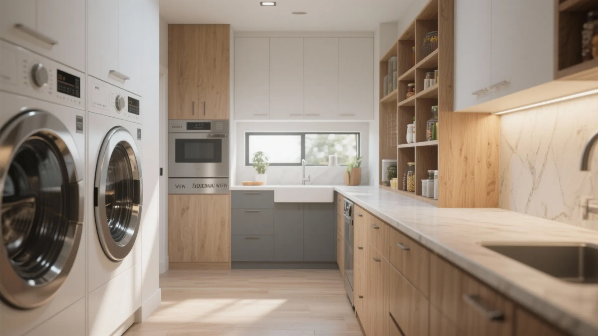 Modern laundry room layout with white washing machines wood cabinets grey sink and marble counter