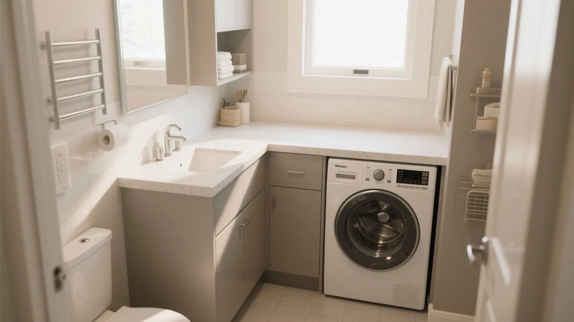 Small bathroom interior with white countertop over grey cabinets including a sink and washing machine