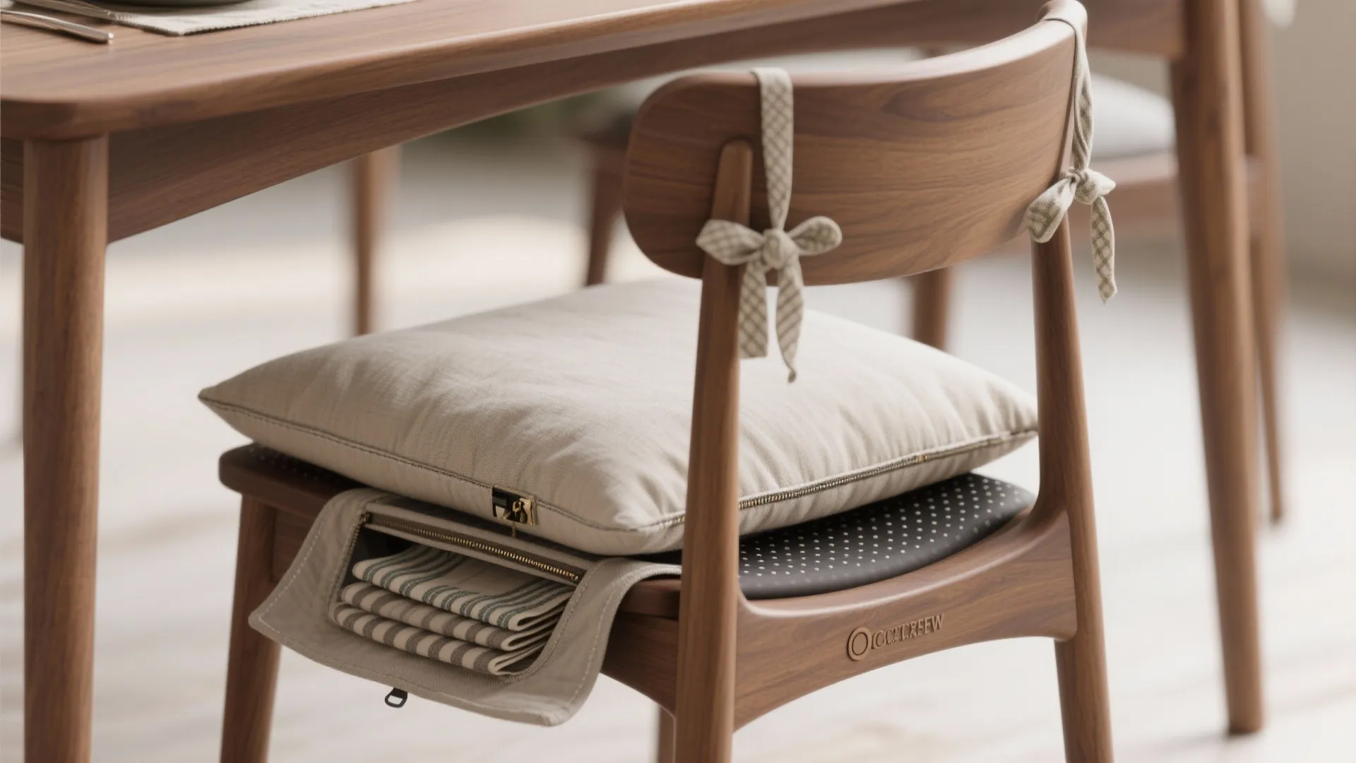 Wooden dining chair with a beige cushion and a storage bag holding folded striped fabric