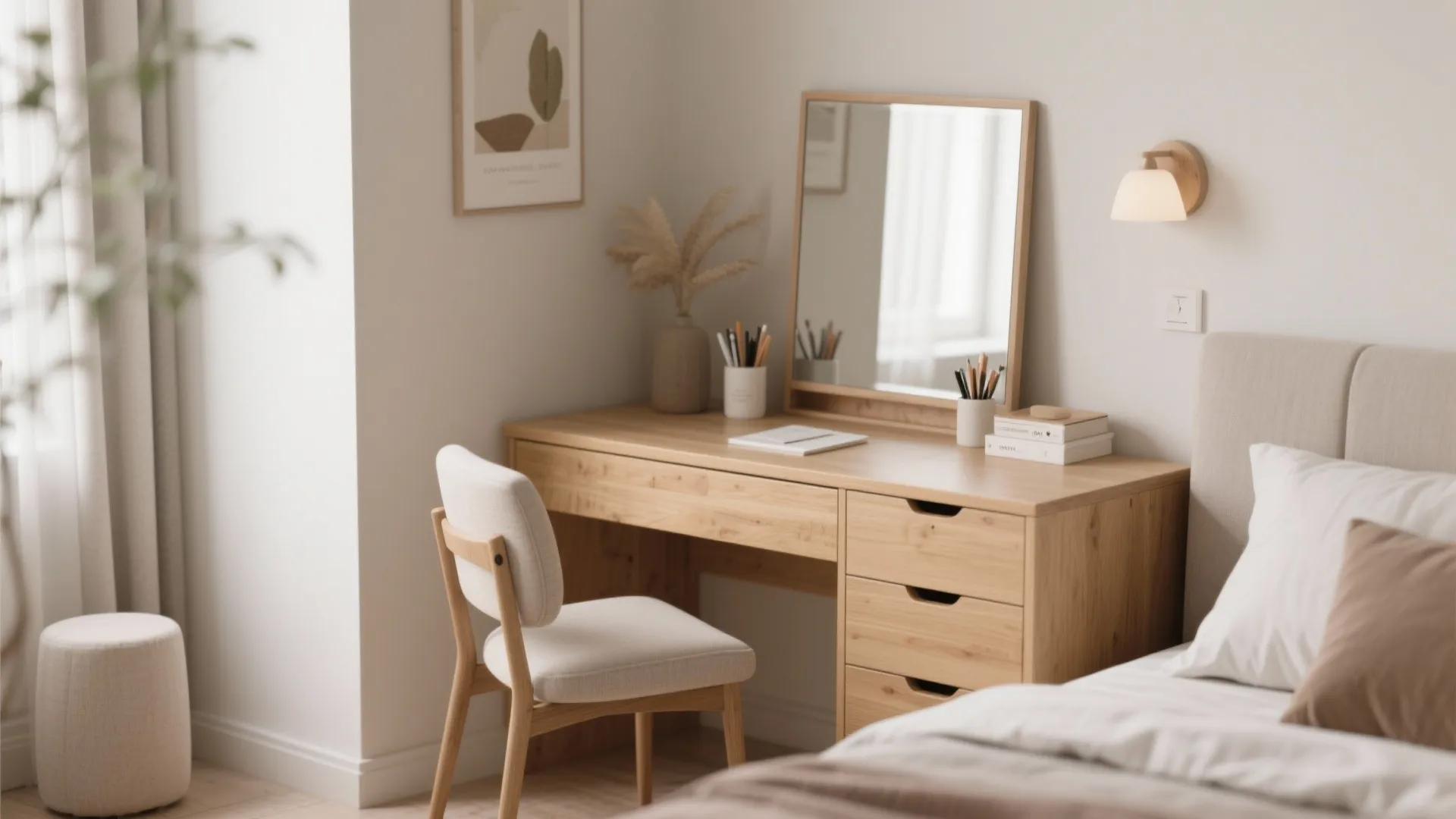 Light wood desk with mirror white chair wall light and small decorative plant in bedroom