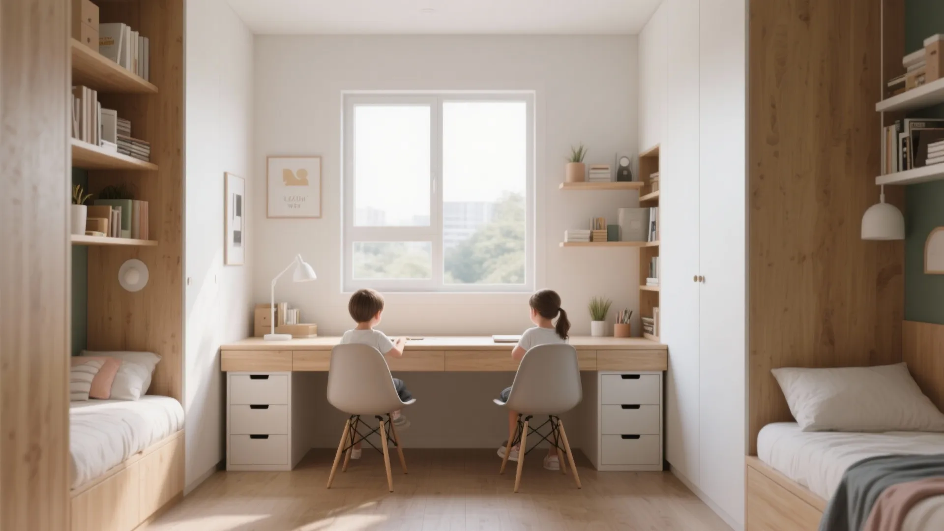 Two children sit at long wooden desk with white chairs in a bright sunny study room