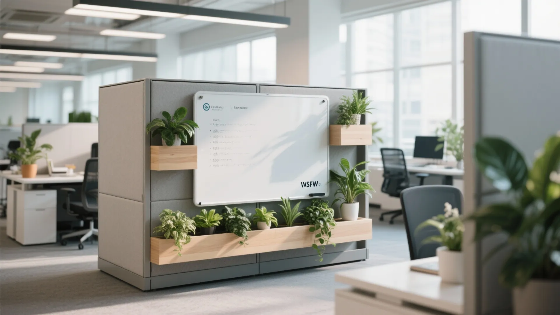 Modern office divider with a white board and wooden shelves holding several small green plants