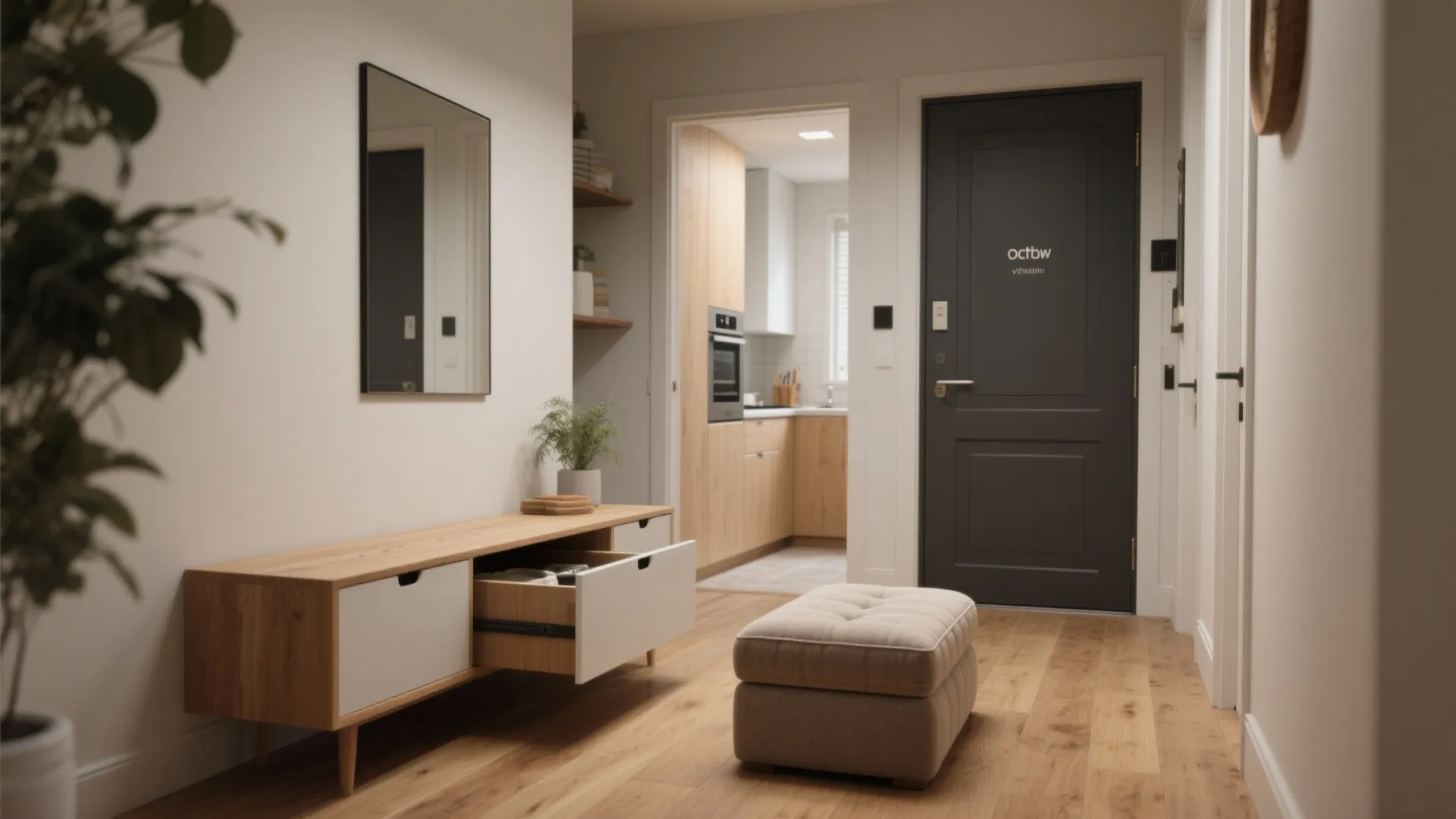 Modern entryway with wooden cabinet open drawer small footrest wall mirror and kitchen in background