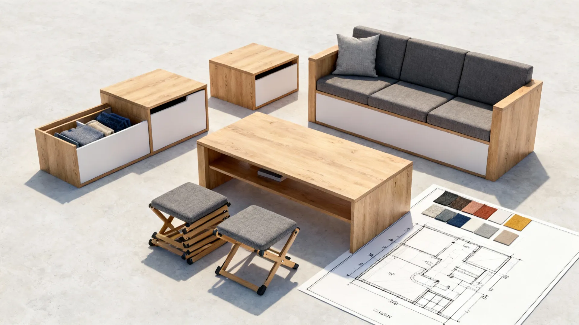 Modern wood furniture set with sofa coffee table storage cabinets and a printed room layout