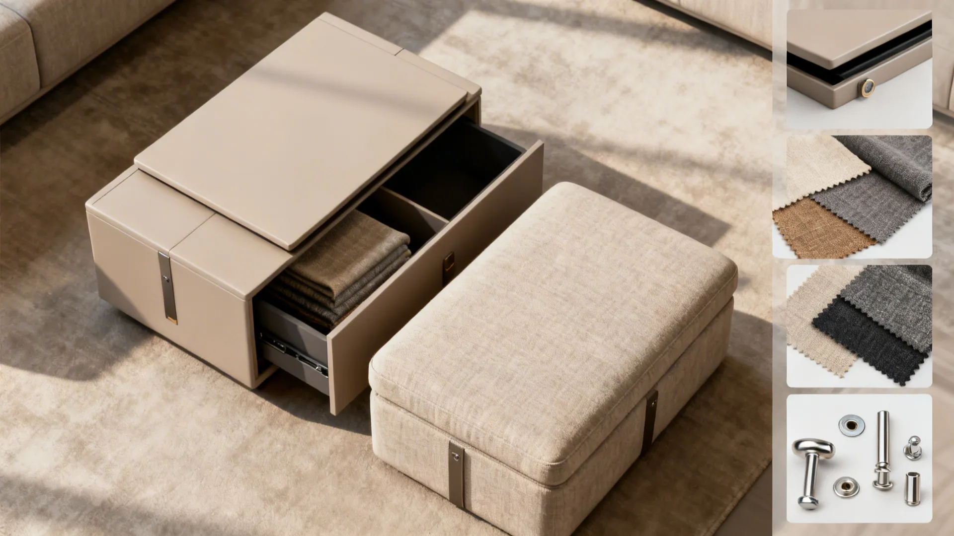 Flatlay of multipurpose furniture components: convertible coffee table, storage ottoman and fabric swatches