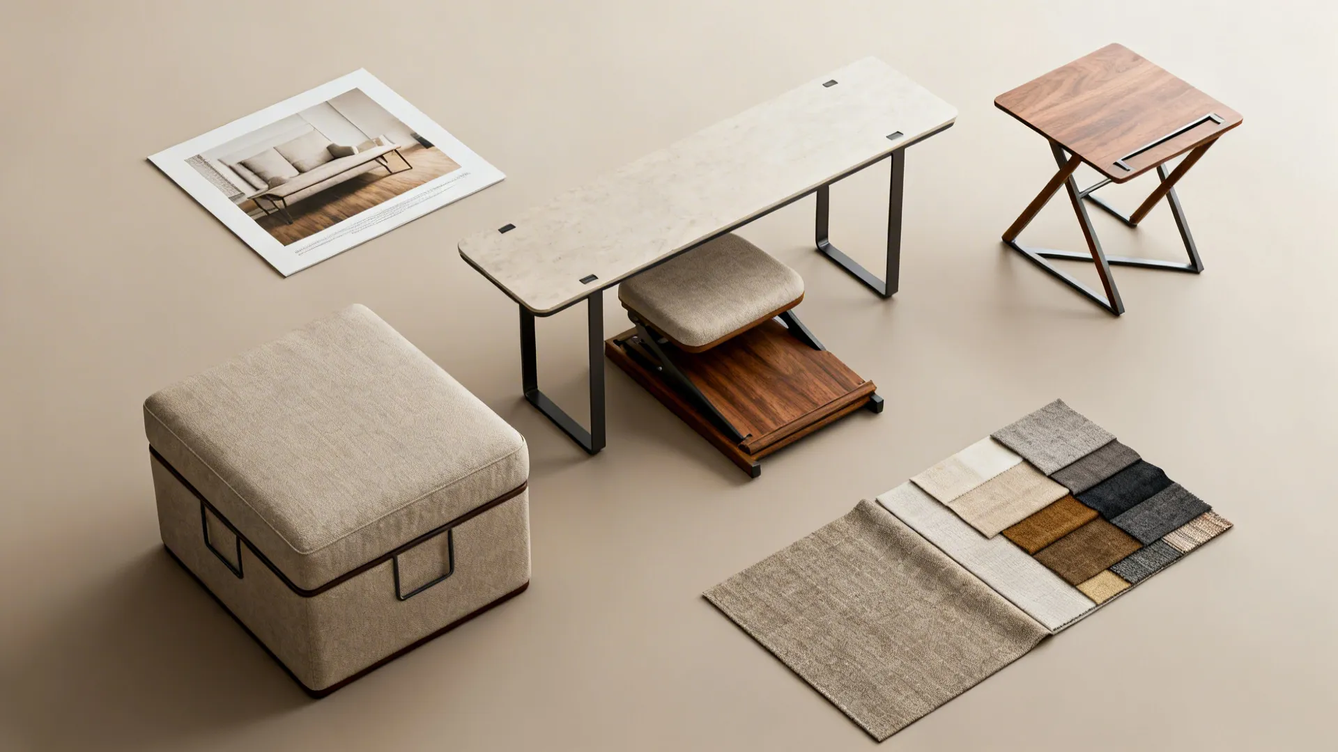 Furniture flat lay including a wooden bench footrest side table and several colorful fabric carpet