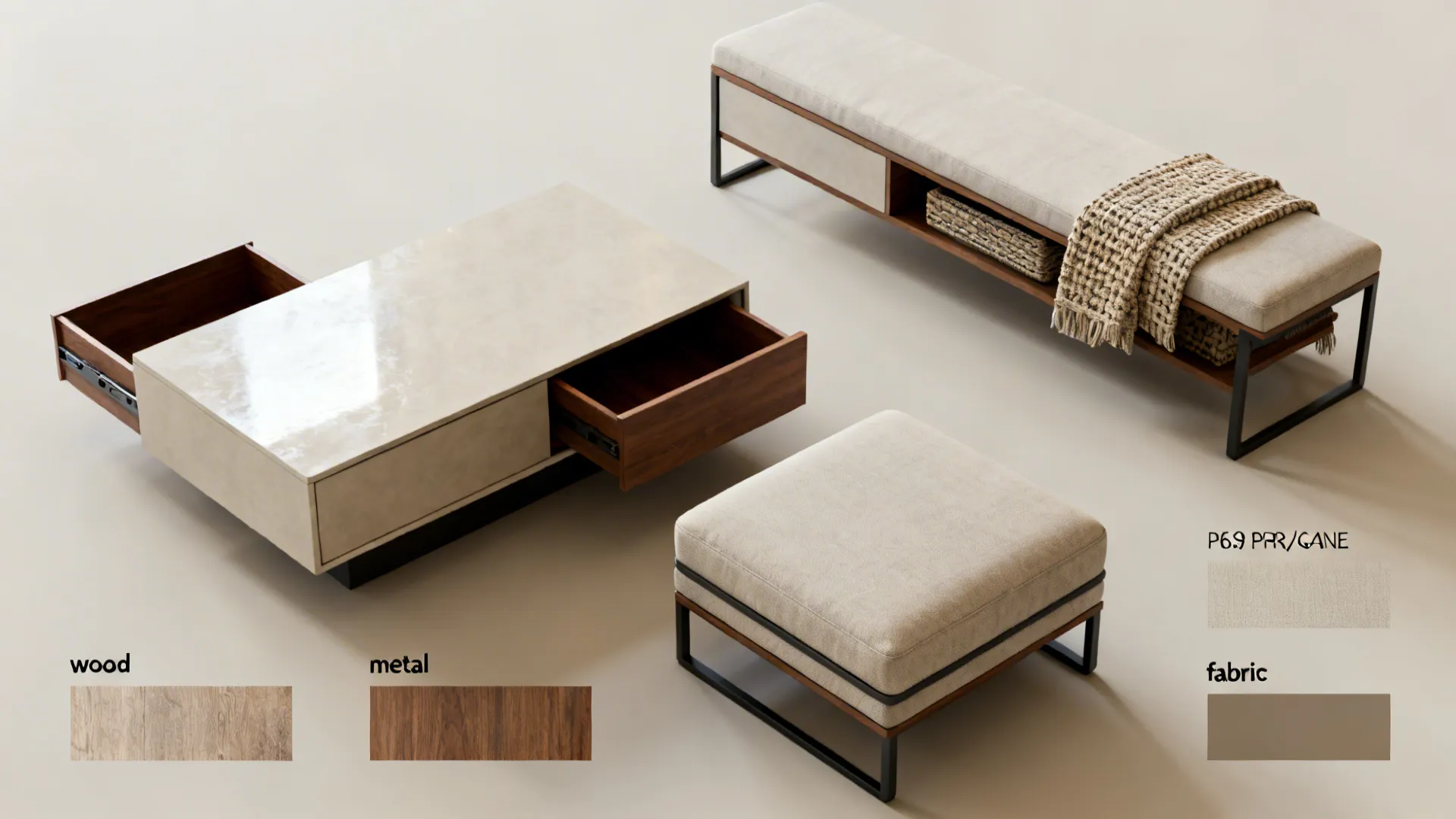 Flatlay of multipurpose furniture pieces: storage coffee table, convertible ottoman, bench with storage and material swatches