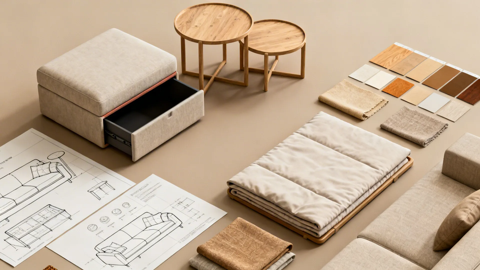 Top-down flatlay of multipurpose furniture samples including storage ottoman and nesting tables