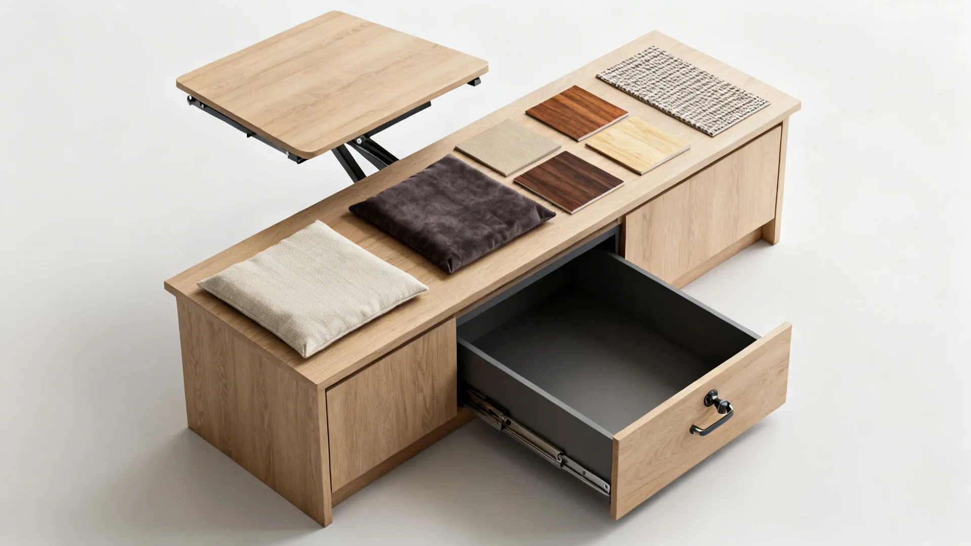 Material flatlay showing bench storage, fold-down table and toe-kick drawer samples.