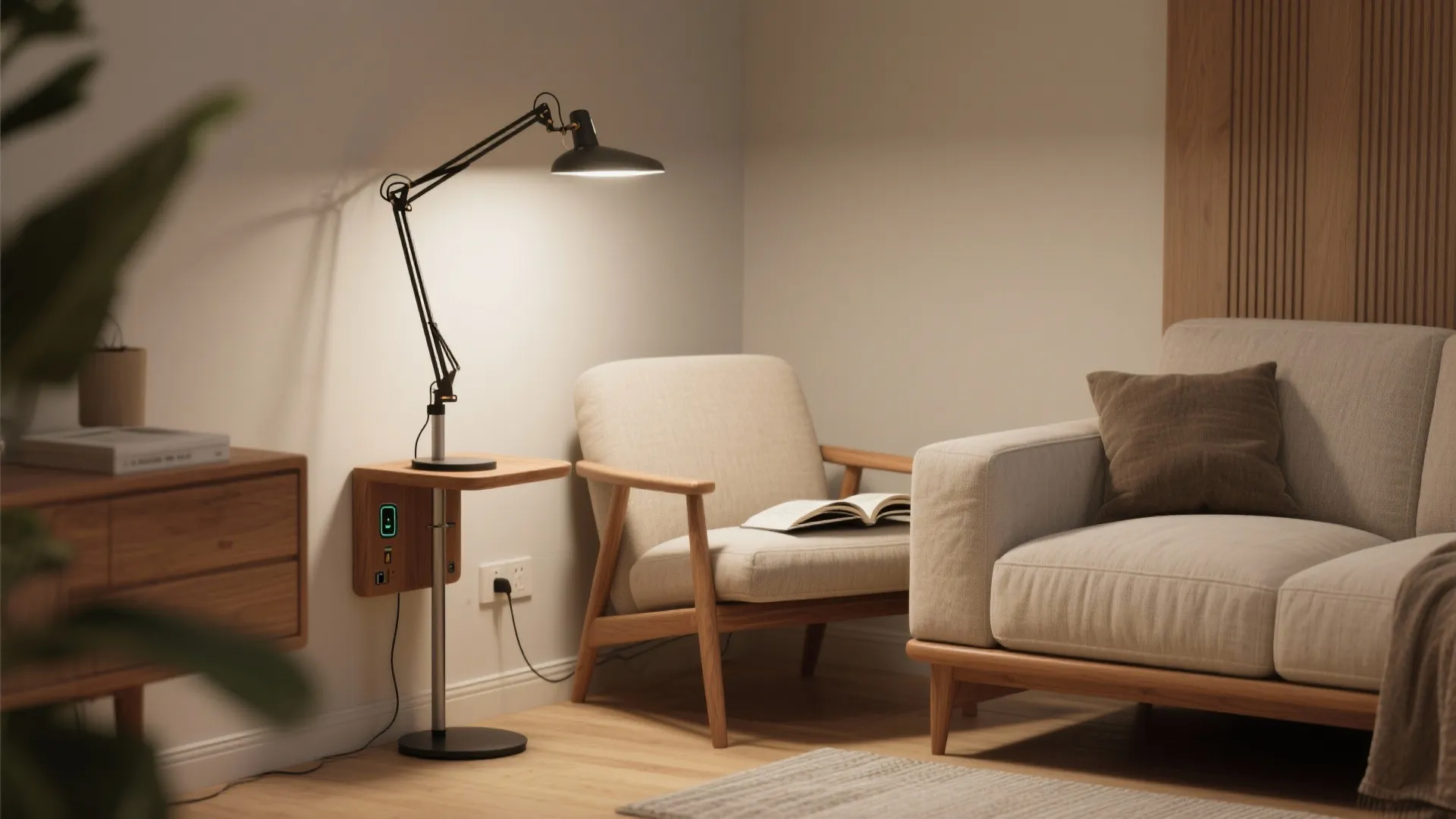 Multipurpose floor lamp with adjustable arm and integrated side table beside an armchair