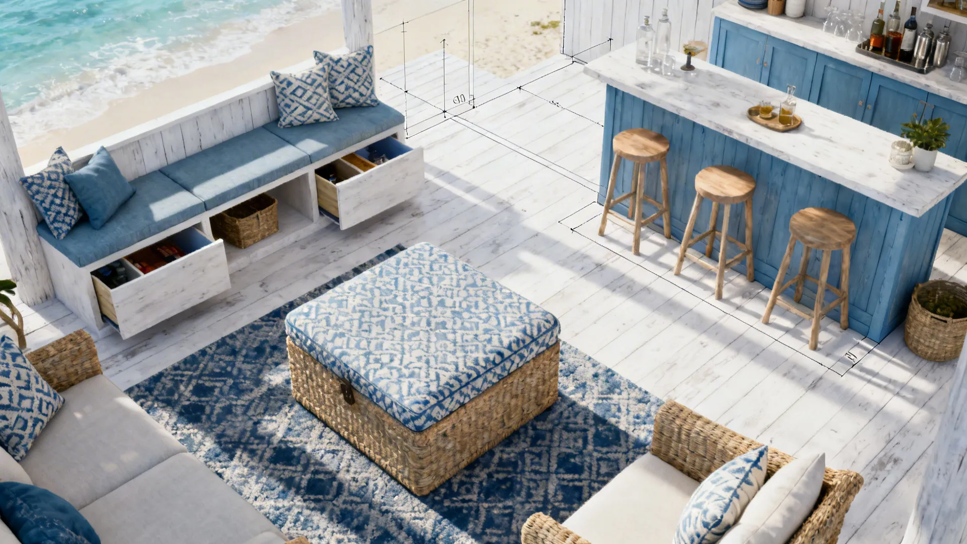 Top-down staged floor plan showing multipurpose furniture and clear pathways in a small living room