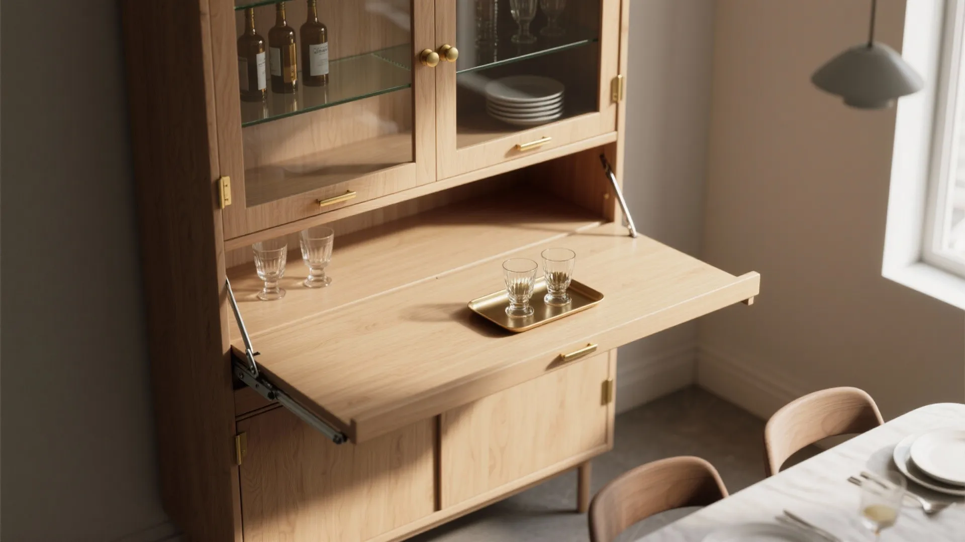 Wooden cabinet with a fold out desk surface showing glasses on a small metal tray