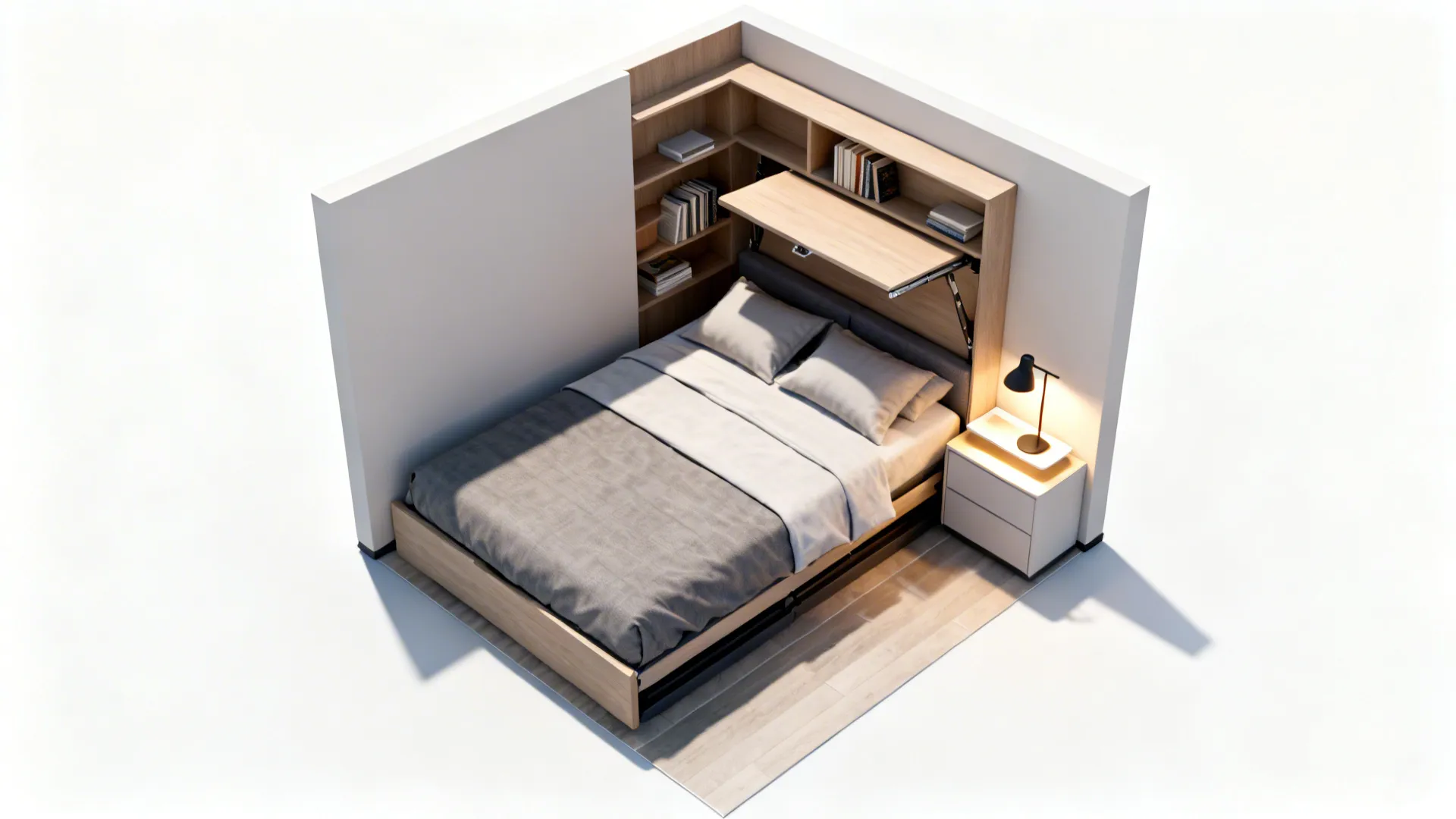Wooden bed with bookshelves and a folding desk in a small white interior design drawing