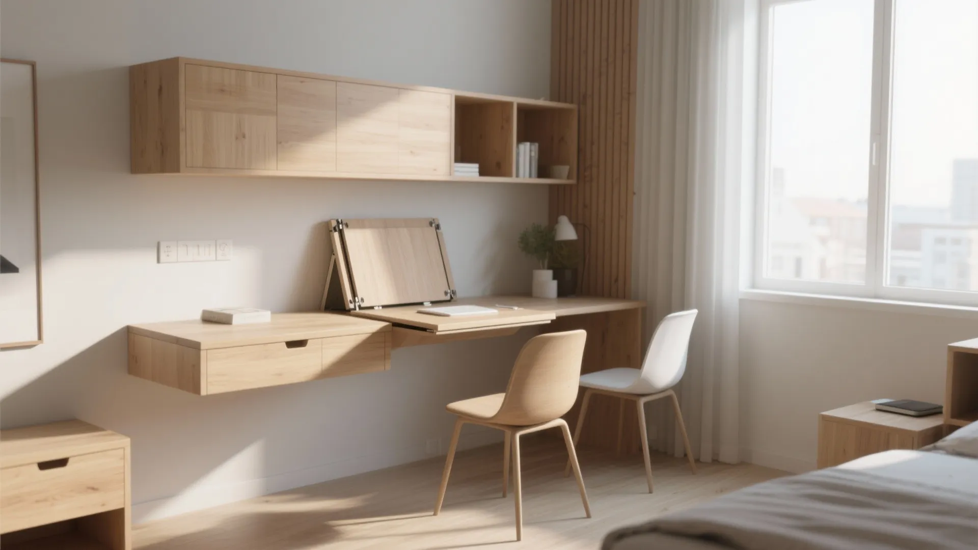 Modern wooden floating desk with a foldout top section two chairs and wall hanging cabinets