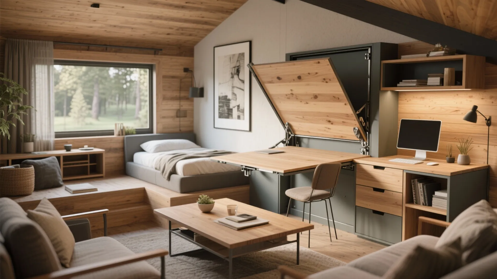 Multifunctional small apartment room with folding desk bed sofa wooden walls and a compact workspace design