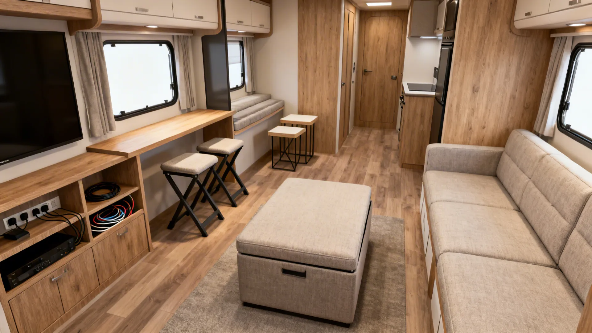 Mobile home living room with storage ottoman, slim console with hidden stools, and sleeper loveseat.