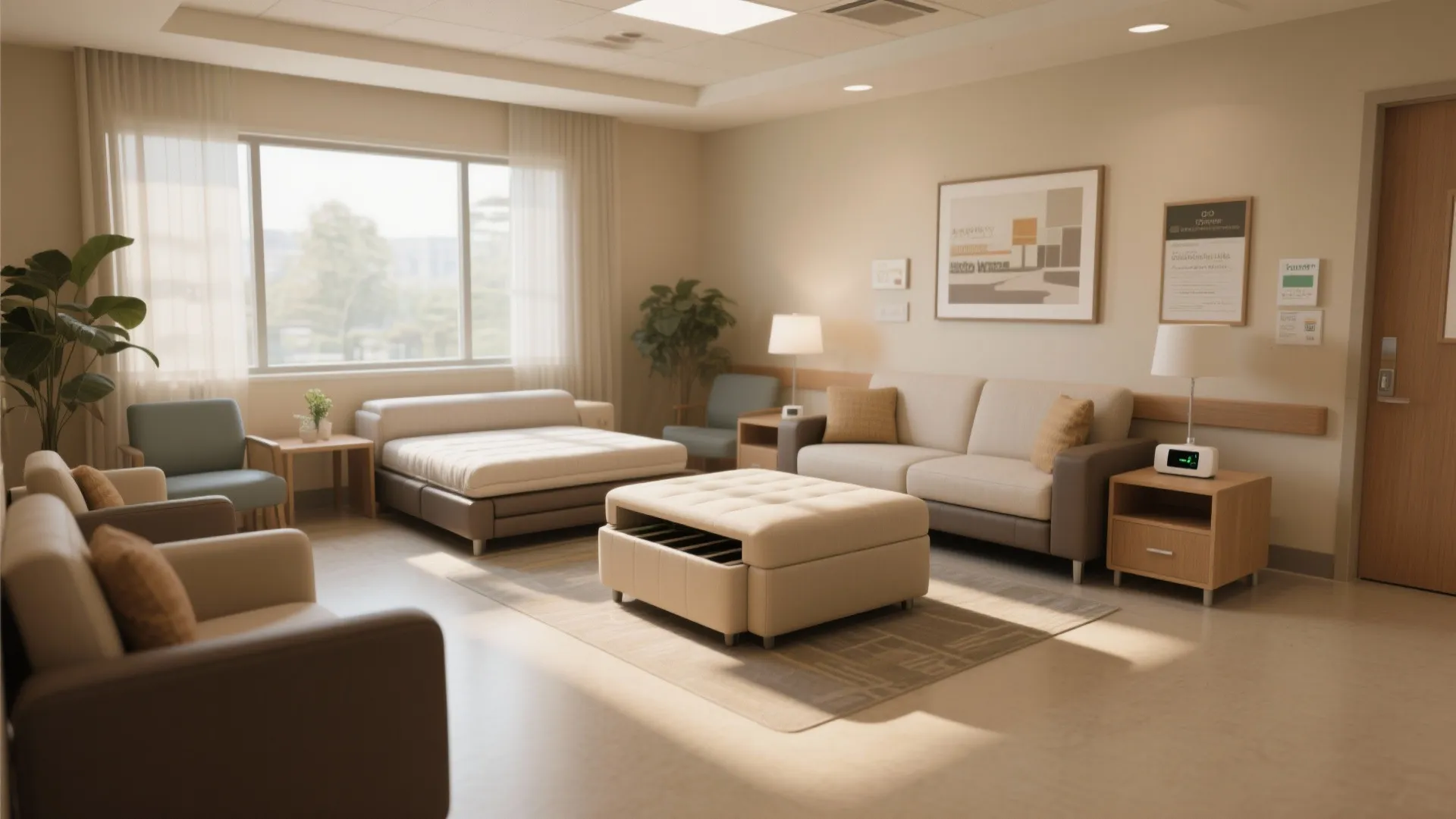 Modern waiting room with neutral sofa, beige footrest, wood side table, large window, and plants