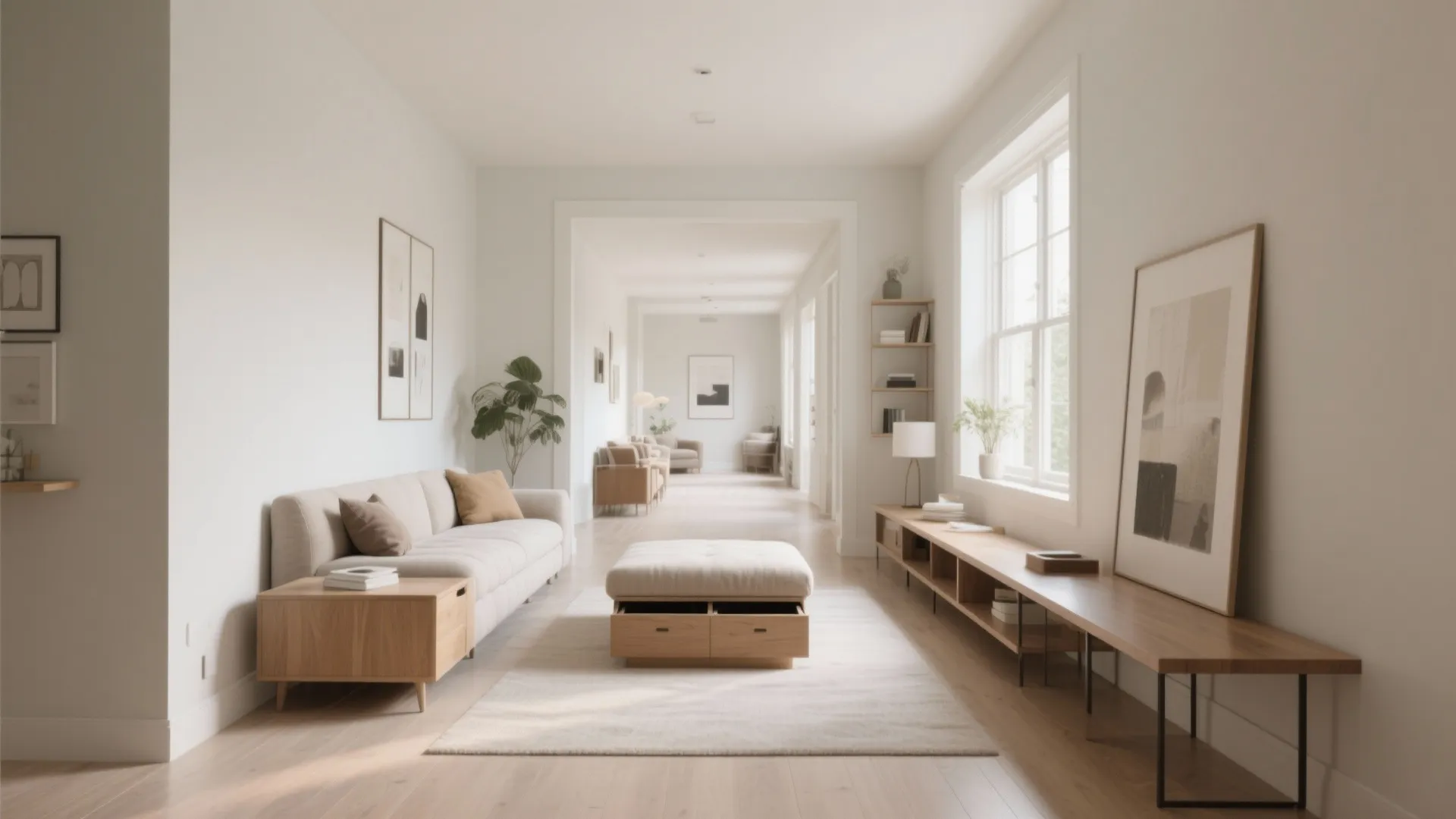 Minimalist living area featuring sofa footrest with storage wooden cabinet and natural light from windows