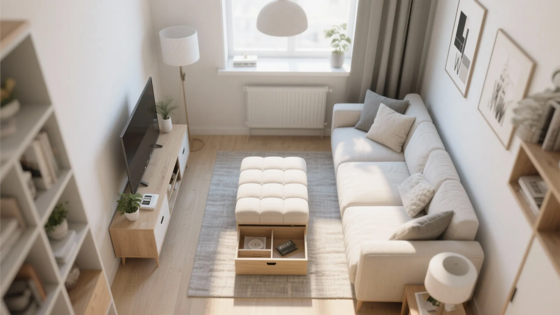 Top-down view showing multipurpose ottoman in condo living room