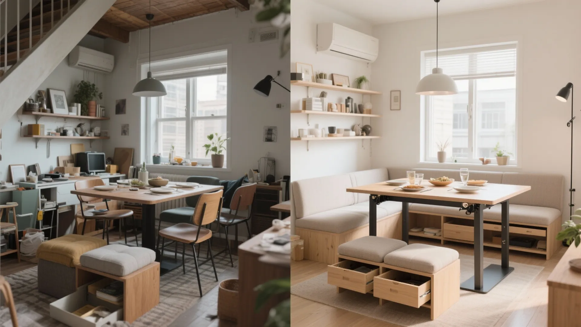 Comparison of cluttered dining room versus clean organized space with functional furniture and storage shelves