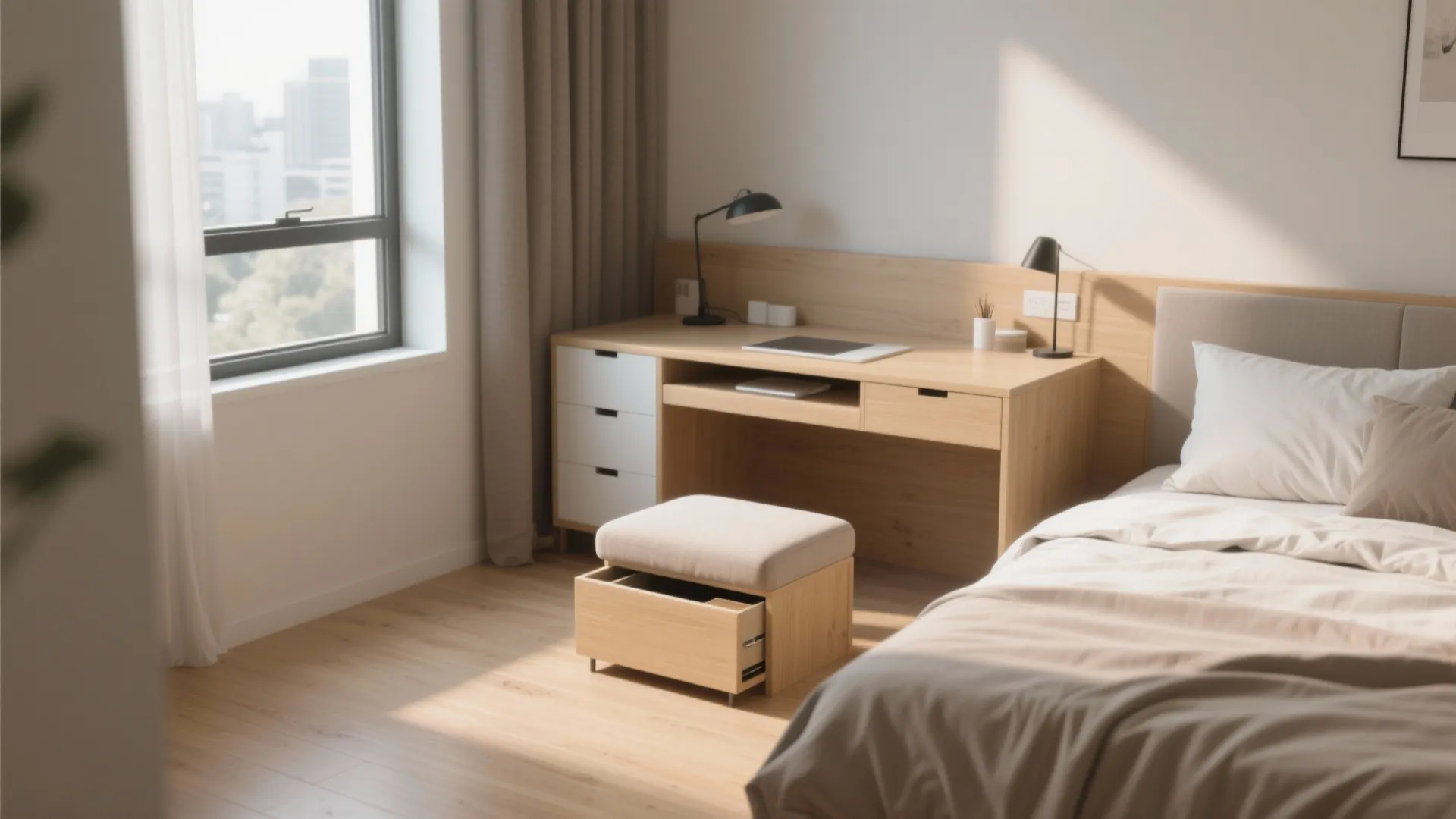 Modern bedroom with wooden desk, small footrest with storage, large window, and light wood floors