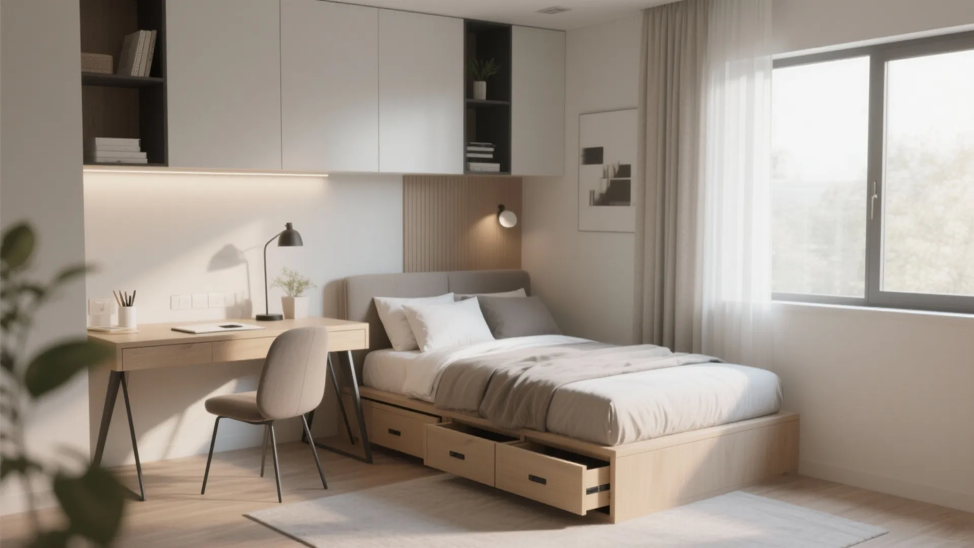 Compact bedroom with a daybed and hidden storage solutions