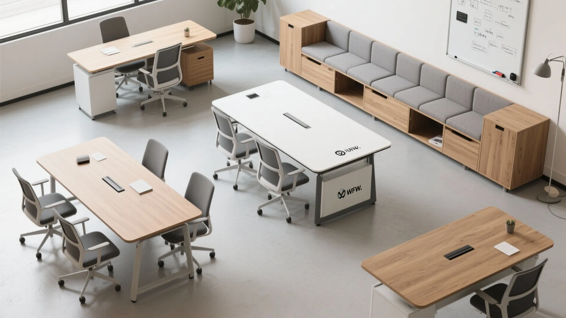 Open office room layout with wooden desks grey chairs long grey sofa and white board wall