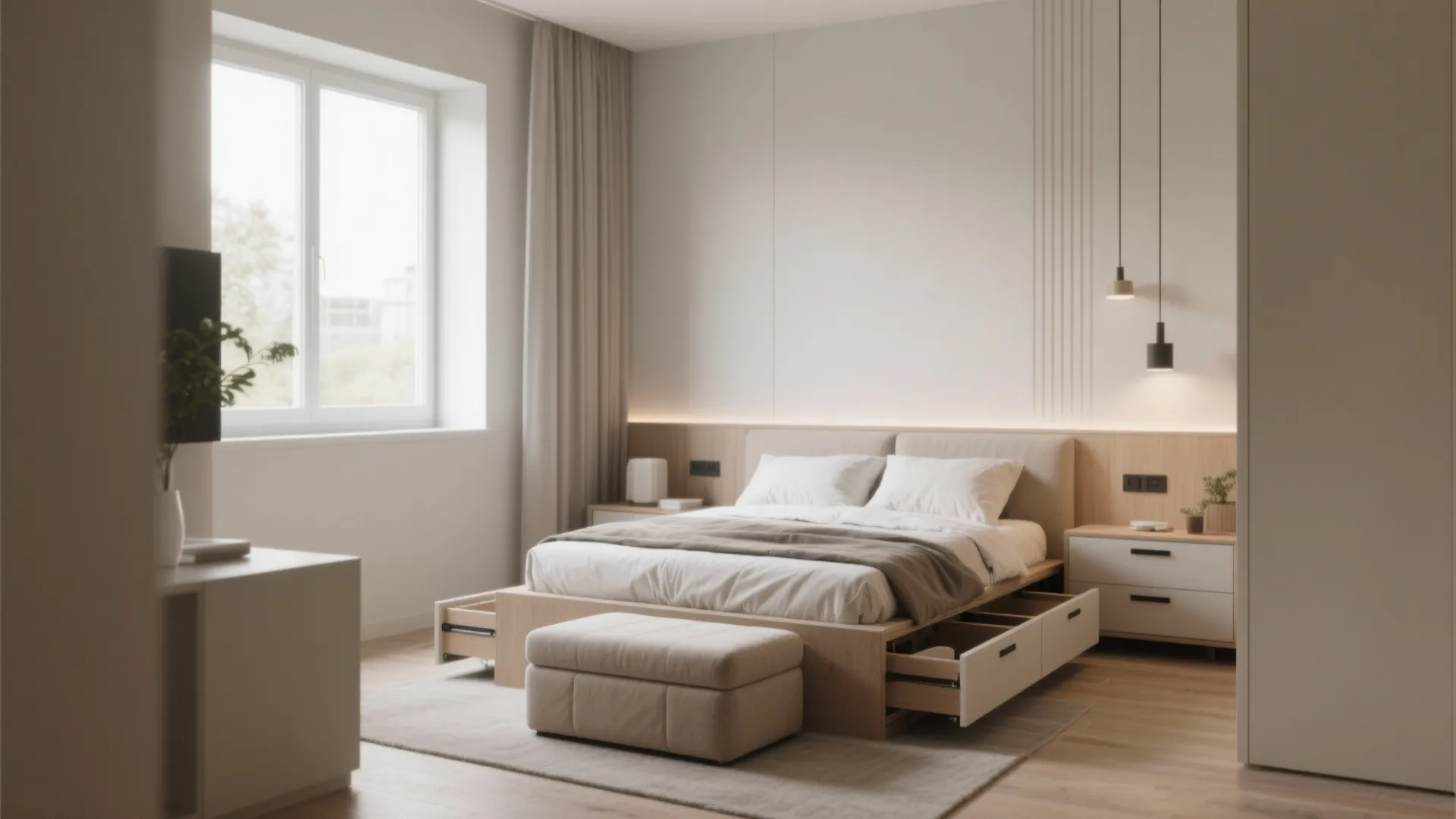 Functional bed frame with pull out storage drawers and a small footrest in the front