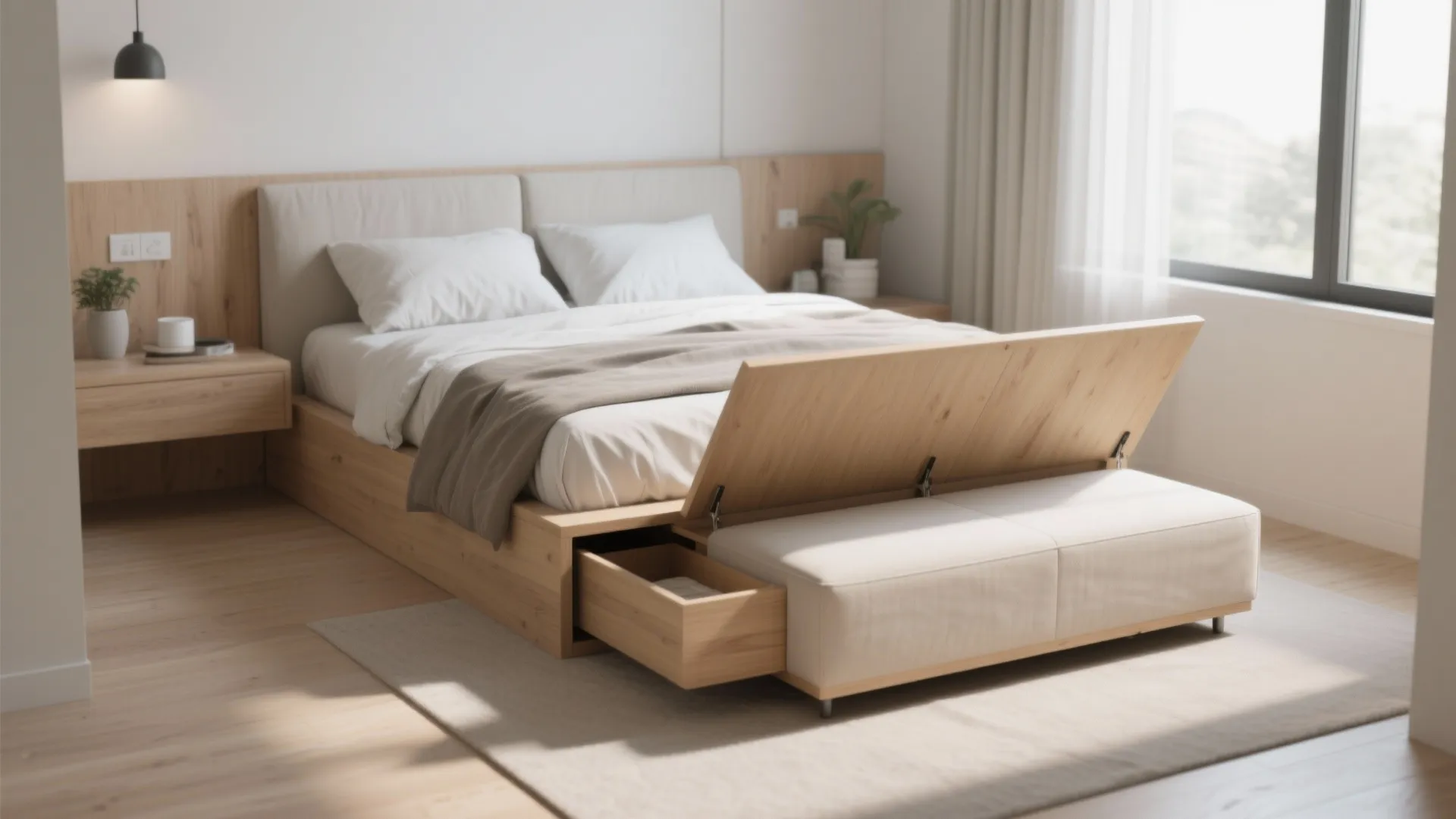 Wooden bed frame with open storage drawer and white footrest placed on a soft room rug