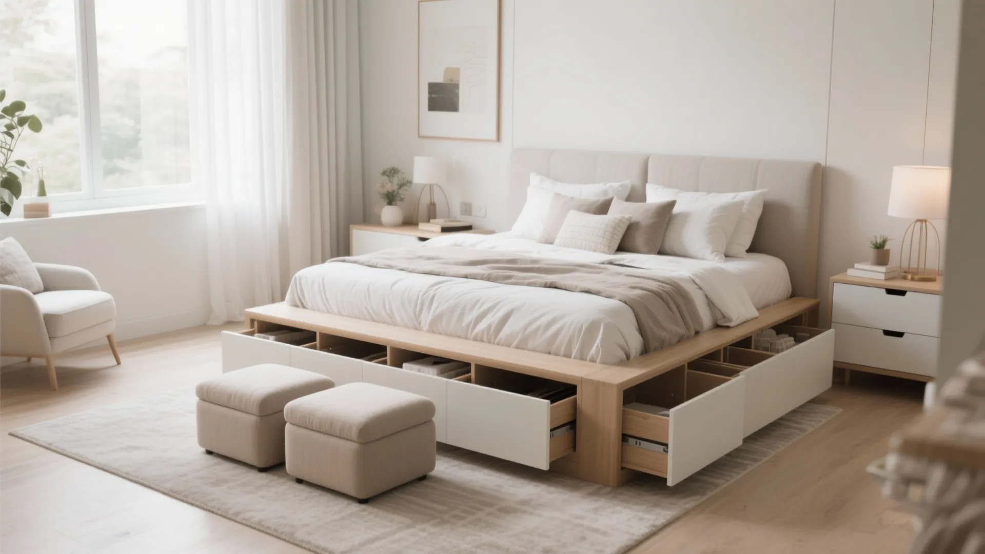 Modern wooden bed frame with built in storage drawers and two matching fabric footrests in bedroom