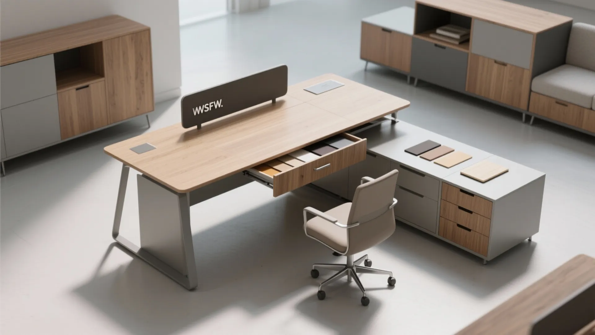 Modern wood office desk with open drawer storage cabinet matching chair and grey floor tiles